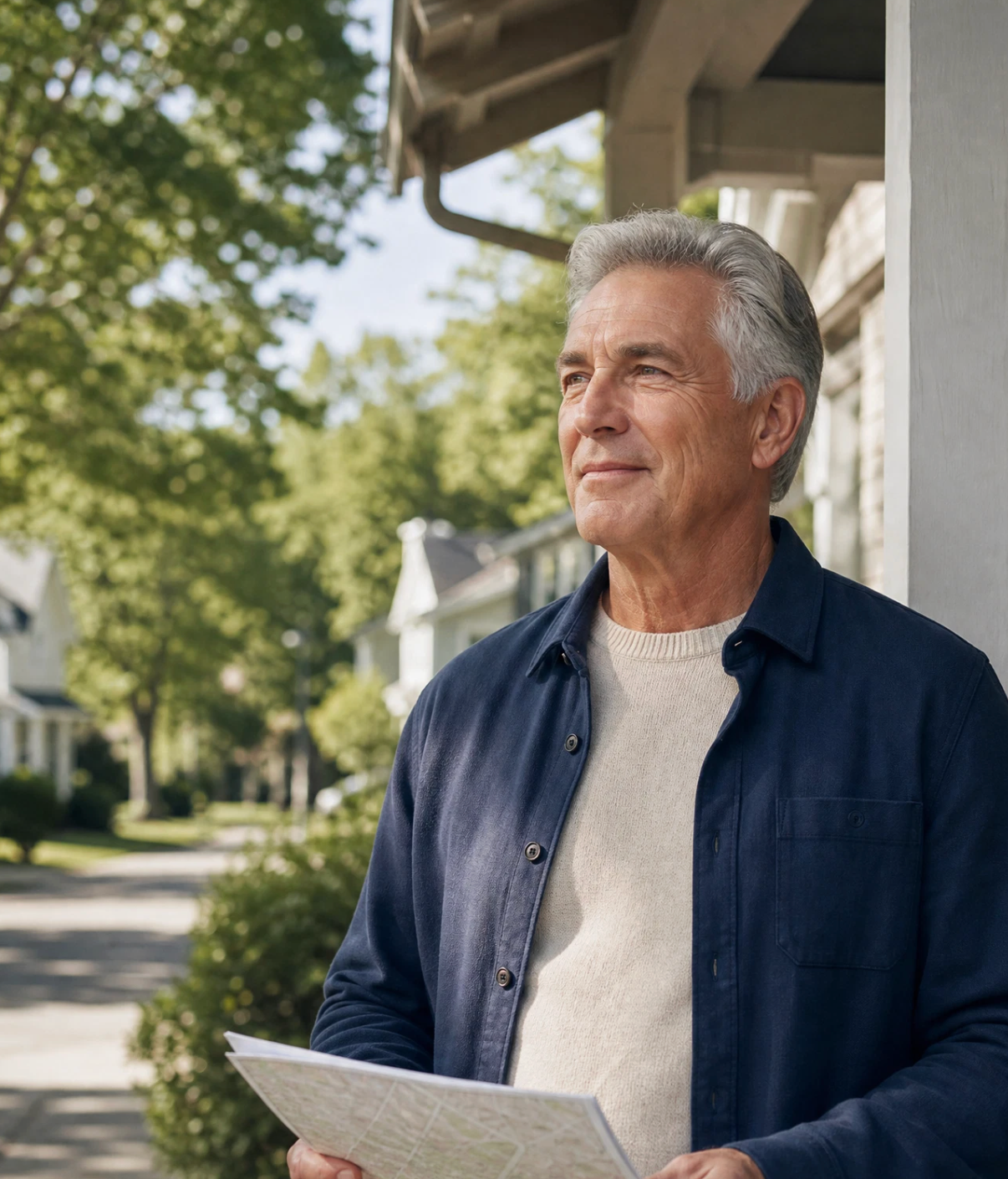 Man on porch reviewing plan brochure